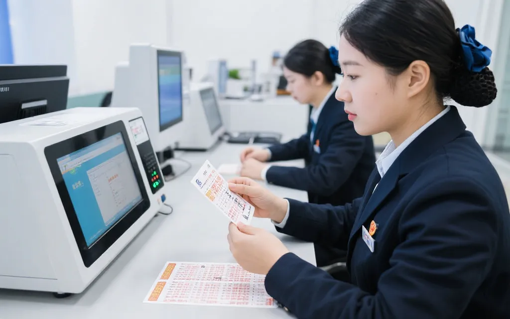 工作人员正在使用防伪设备核验中奖彩票